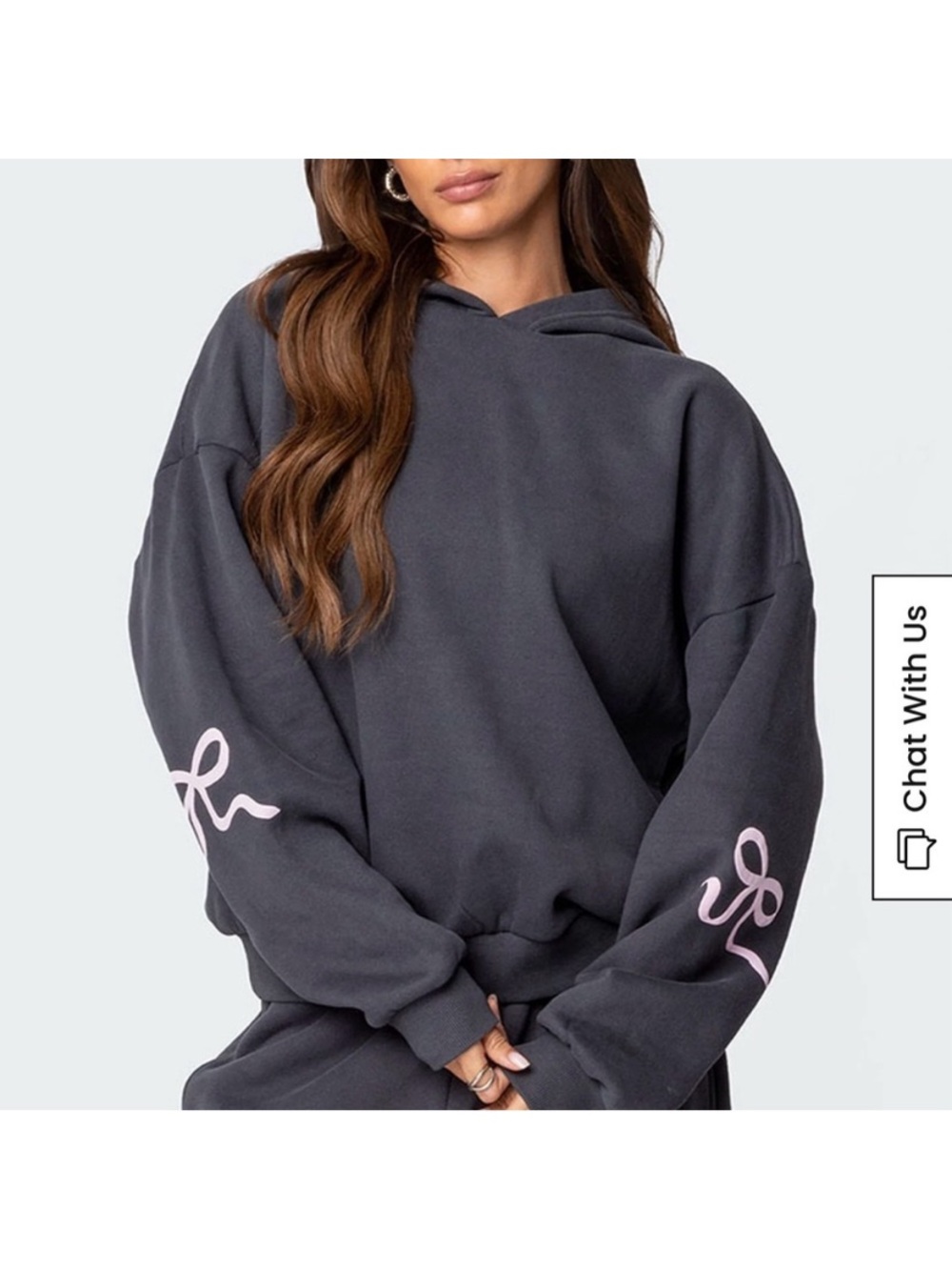 Edikted Dark Gray Hoodie with Pink Sleeve Bows - Picture 4 of 8
